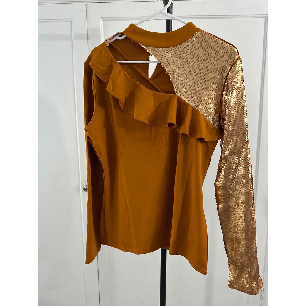 C Wonder Christian Siriano Womens Sequined Sleeve Mock Neck Top Ochre Gold Siz L